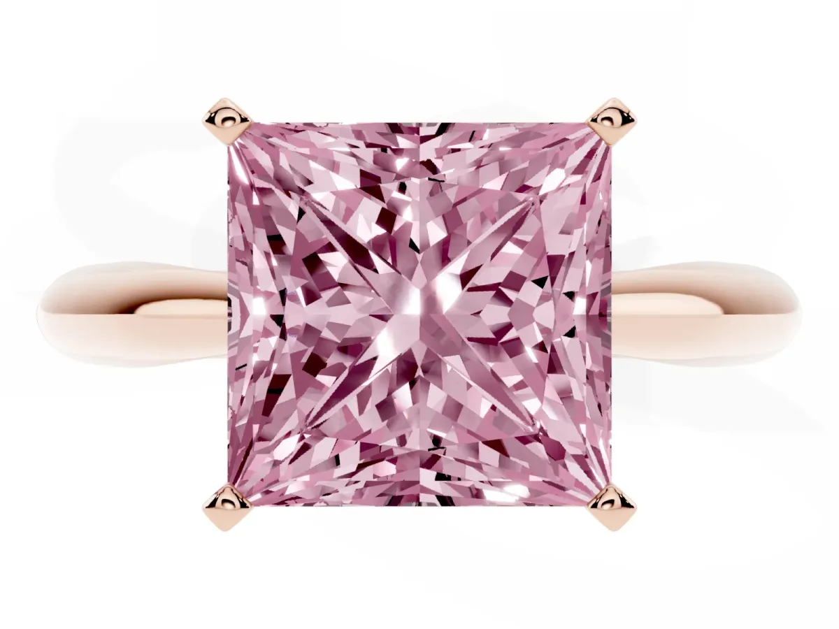 Fancy Pink Princess Cut Diamond Solitaire Engagement Ring with Cathedral Setting and Four-Prong Mount Rose gold