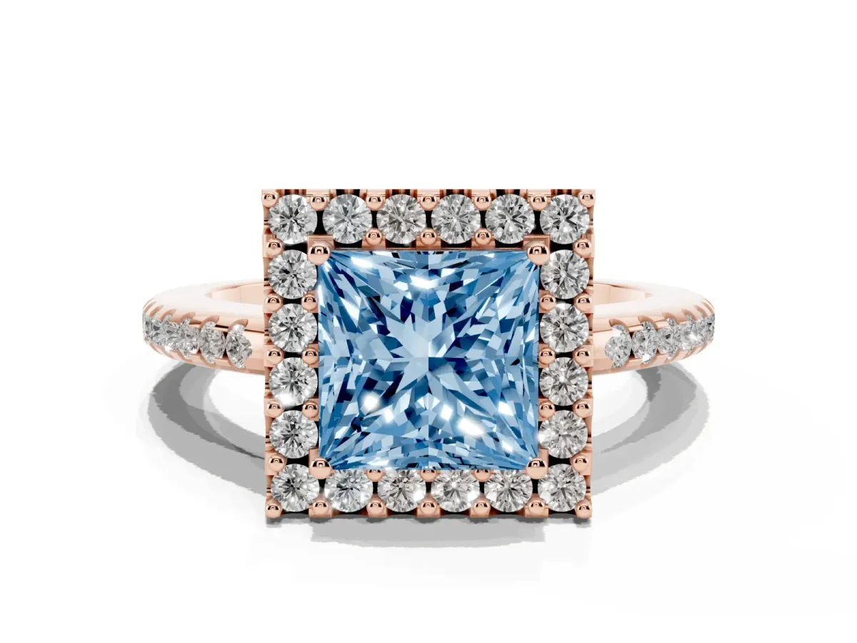 Fancy Blue Princess Cut Diamond Pavé Halo Ring with Four-Prong Setting Rose gold