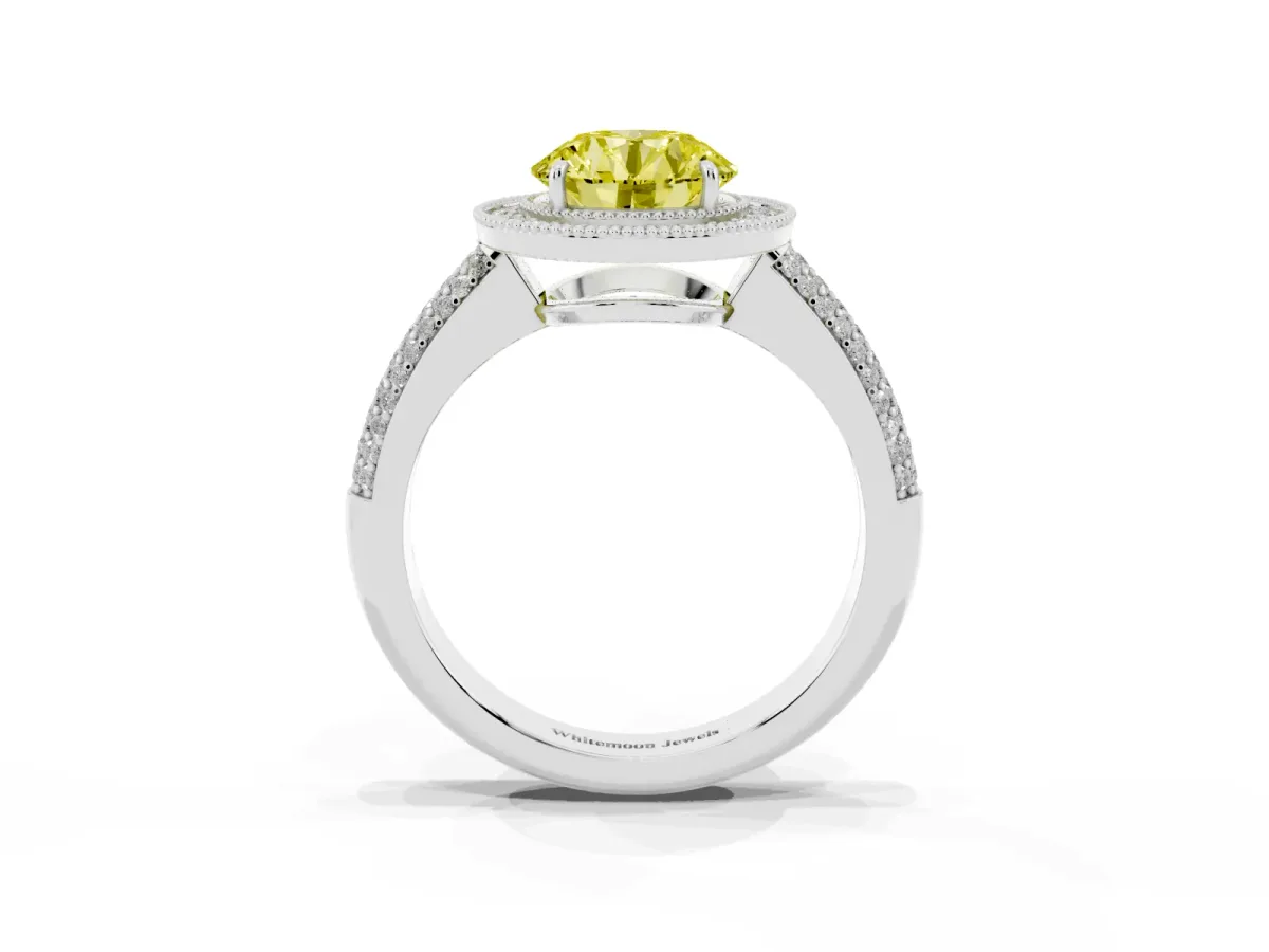 Fancy Yellow Round Cut Cut Halo Diamond Pave Band with Four-Prong Setting Silver