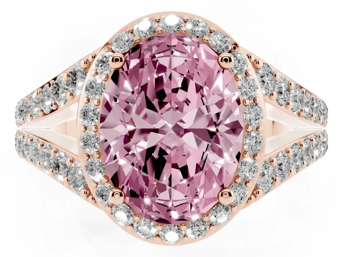 Fancy Pink Oval Cut Diamond Split Shank Halo Ring with Four-Prong Setting Rose gold