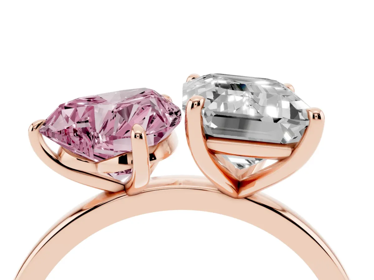 Fancy Pink Heart Cut and Emerald Cut Toi Moi Ring with Prong Setting Rose gold