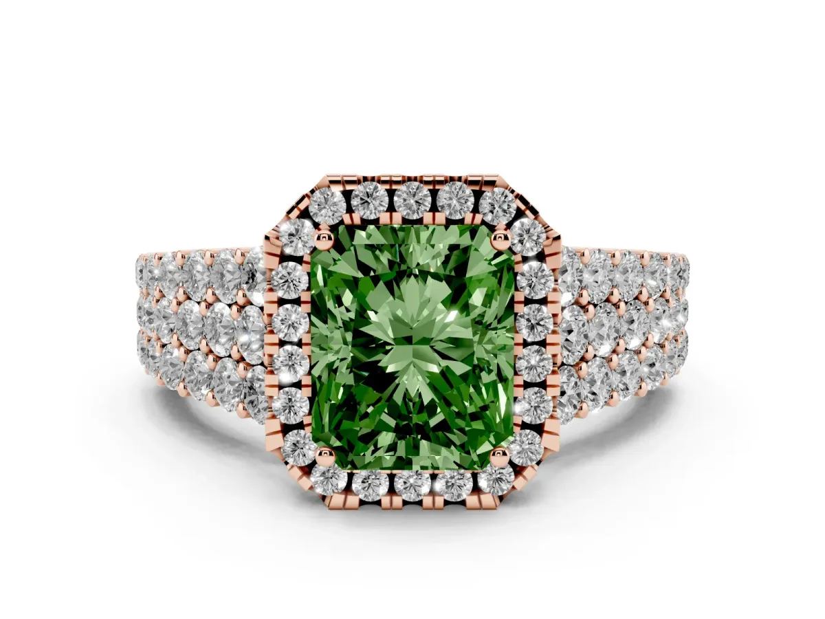 Fancy Green Radiant Cut Diamond Halo Engagement Ring with Triple Row Round Pavé Band and Prong Setting Rose gold