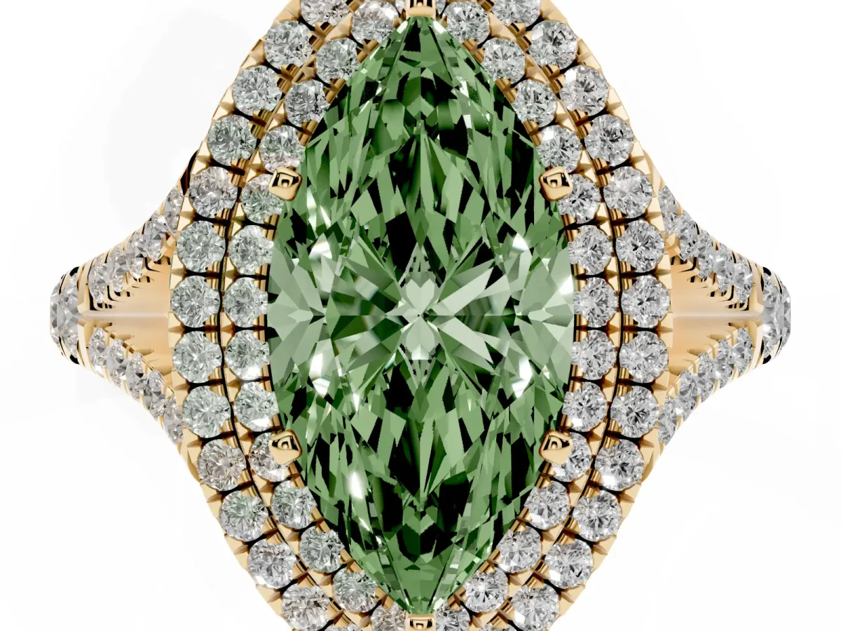 Fancy Green Marquise Cut Cut Double Halo Split Shank Diamond Ring with Prong Setting Yellow gold