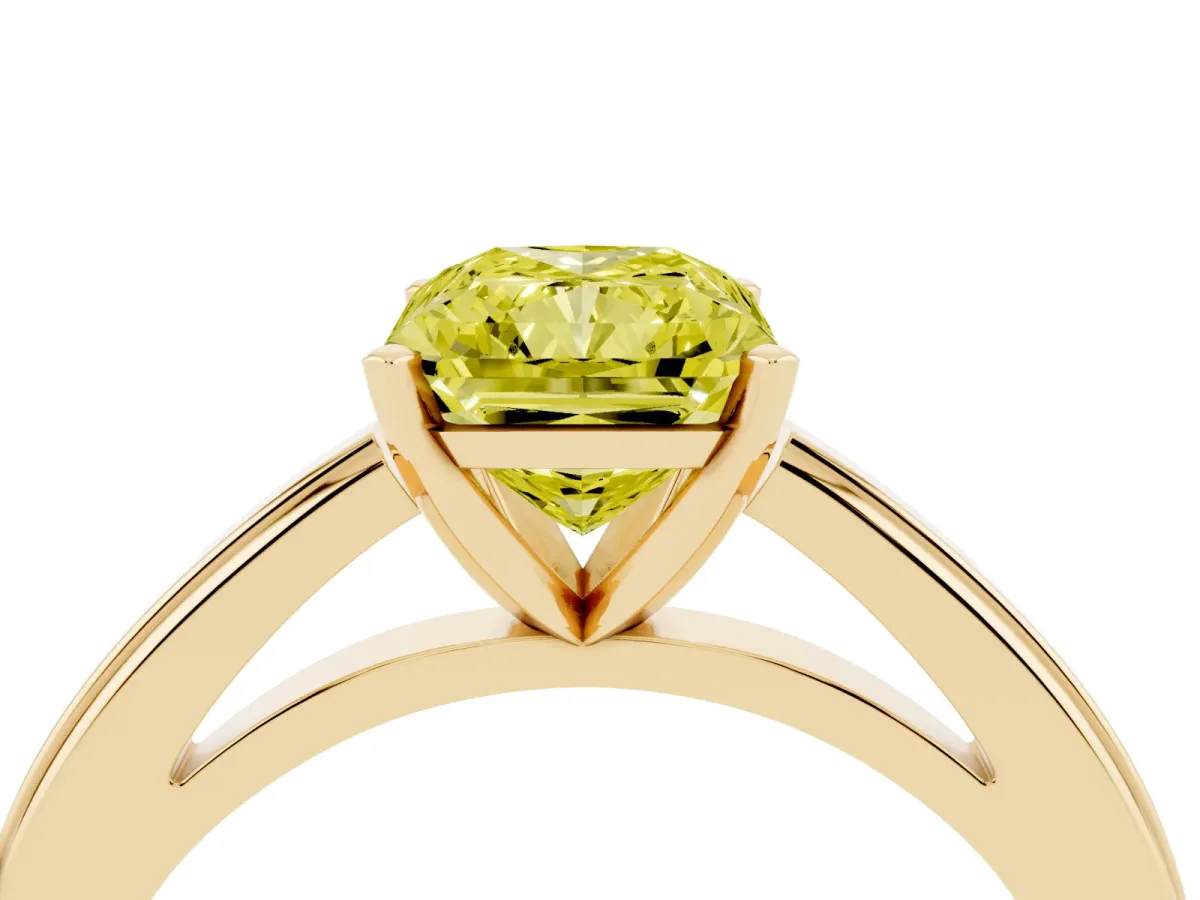 Fancy Yellow Radiant Cut Solitaire Diamond Ring with Four-Prong Setting and Classic Band Yellow gold