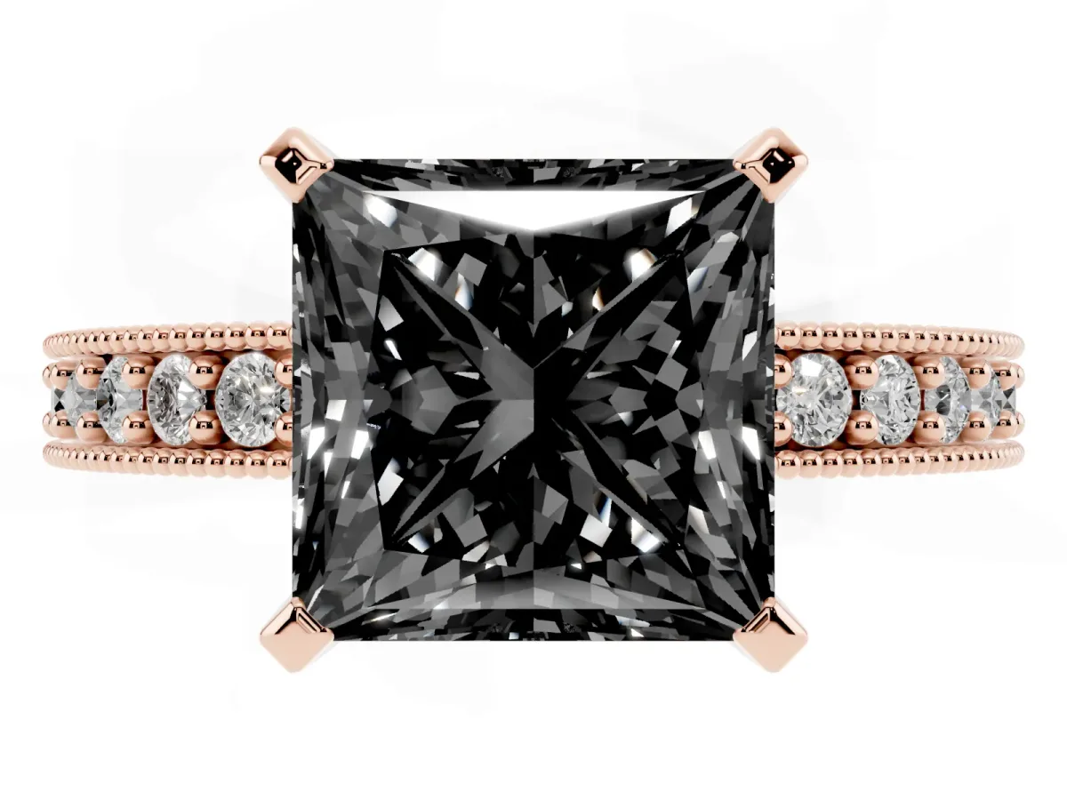 Fancy Black Princess Cut Diamond Milgrain Pavé Engagement Ring with Four-Prong Setting Rose gold