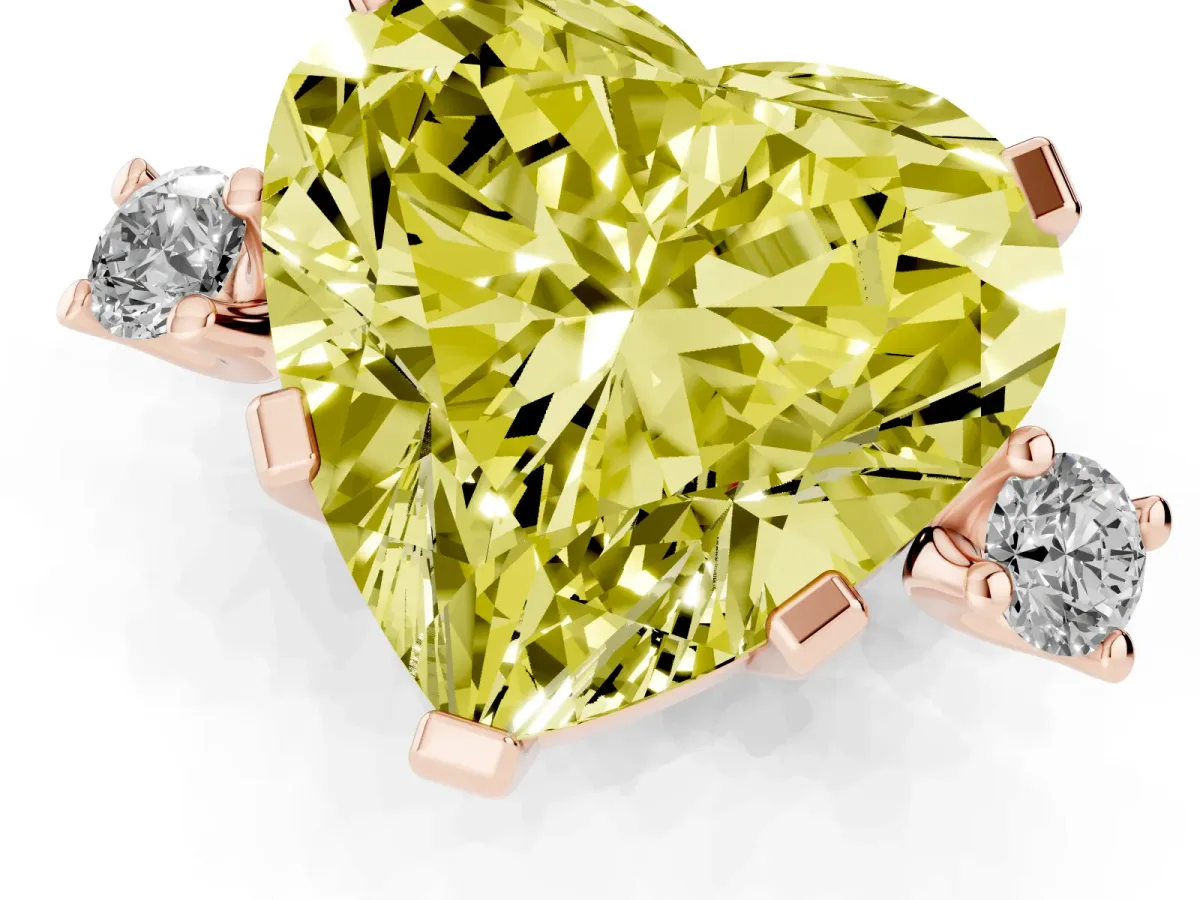 Fancy Yellow Heart Cut Cut Three-Stone Solitaire Ring with Round Accent Diamonds and Four-Prong Setting Rose gold