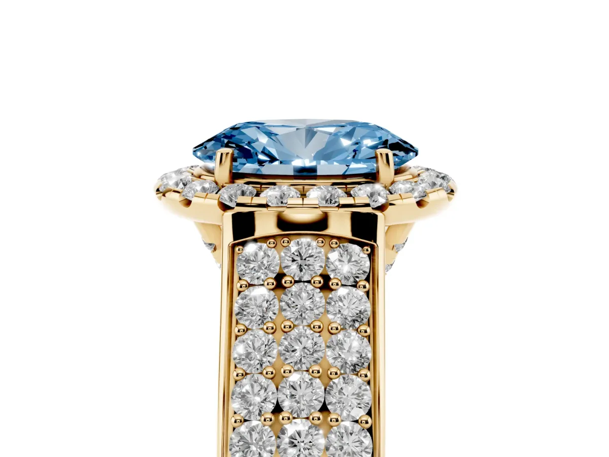 Fancy Blue Oval Cut Halo Round Diamond Pave Band with Prong Setting Yellow gold