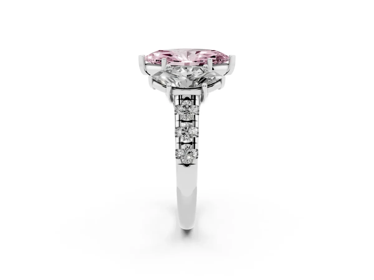 Fancy Pink Three-Stone Marquise Cut Diamond Pavé Band with Prong Setting Platinum