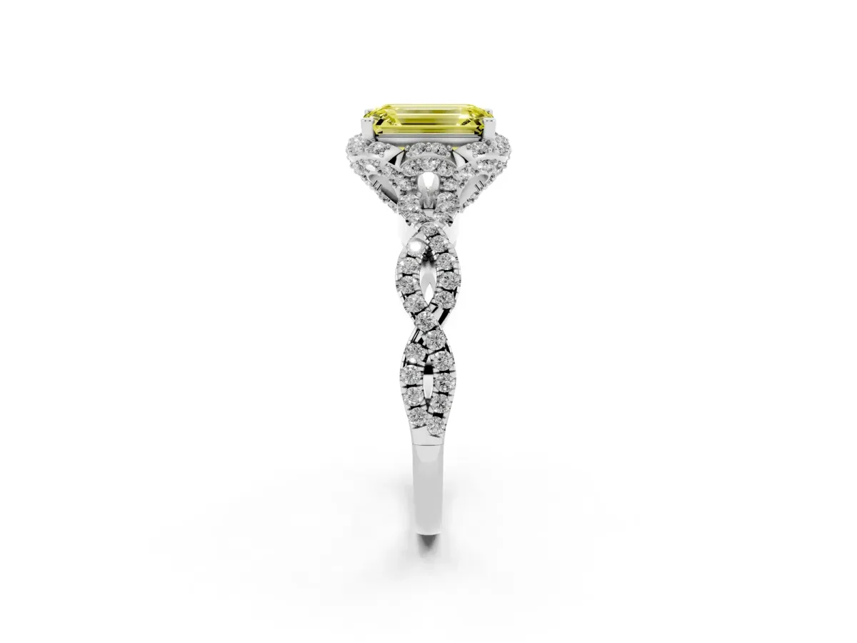 Fancy Yellow Emerald Cut Halo Twist Band Solitaire Ring with Six-Prong Setting Silver