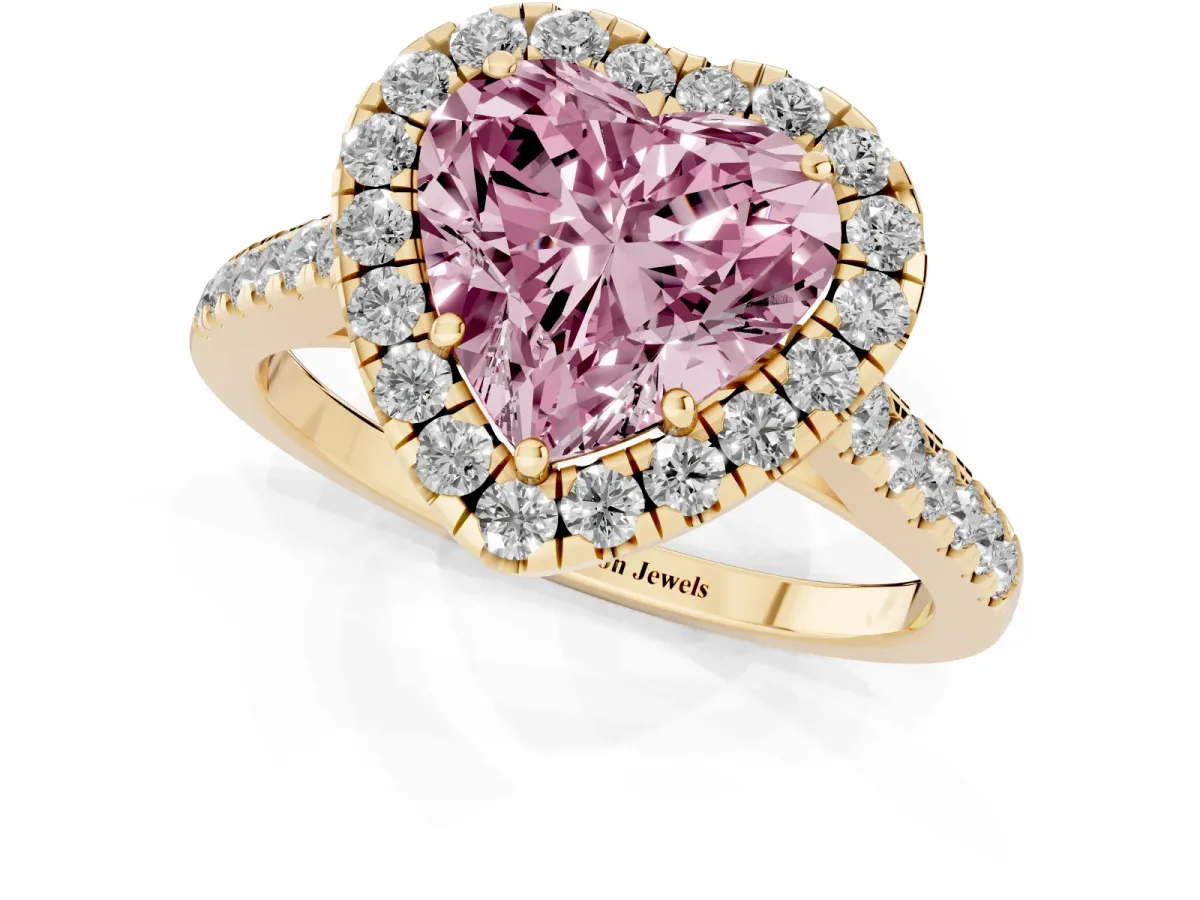 Fancy Pink Heart Cut Halo Pave Diamond Engagement Ring with Four-Prong Setting Yellow gold
