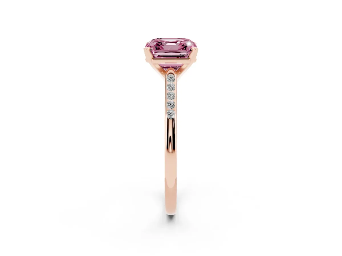 Fancy Pink Asscher Cut Diamond Solitaire Ring with Channel Set Round Band and Prong Setting Rose gold