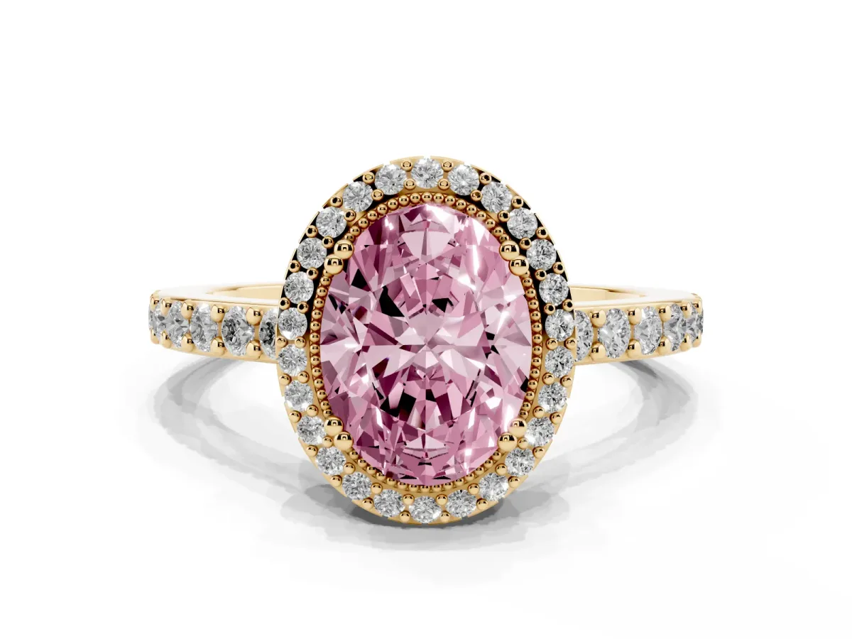 Fancy Pink Oval Cut Cut Diamond Halo Engagement Ring with Milgrain Detail and Pavé Band Yellow gold
