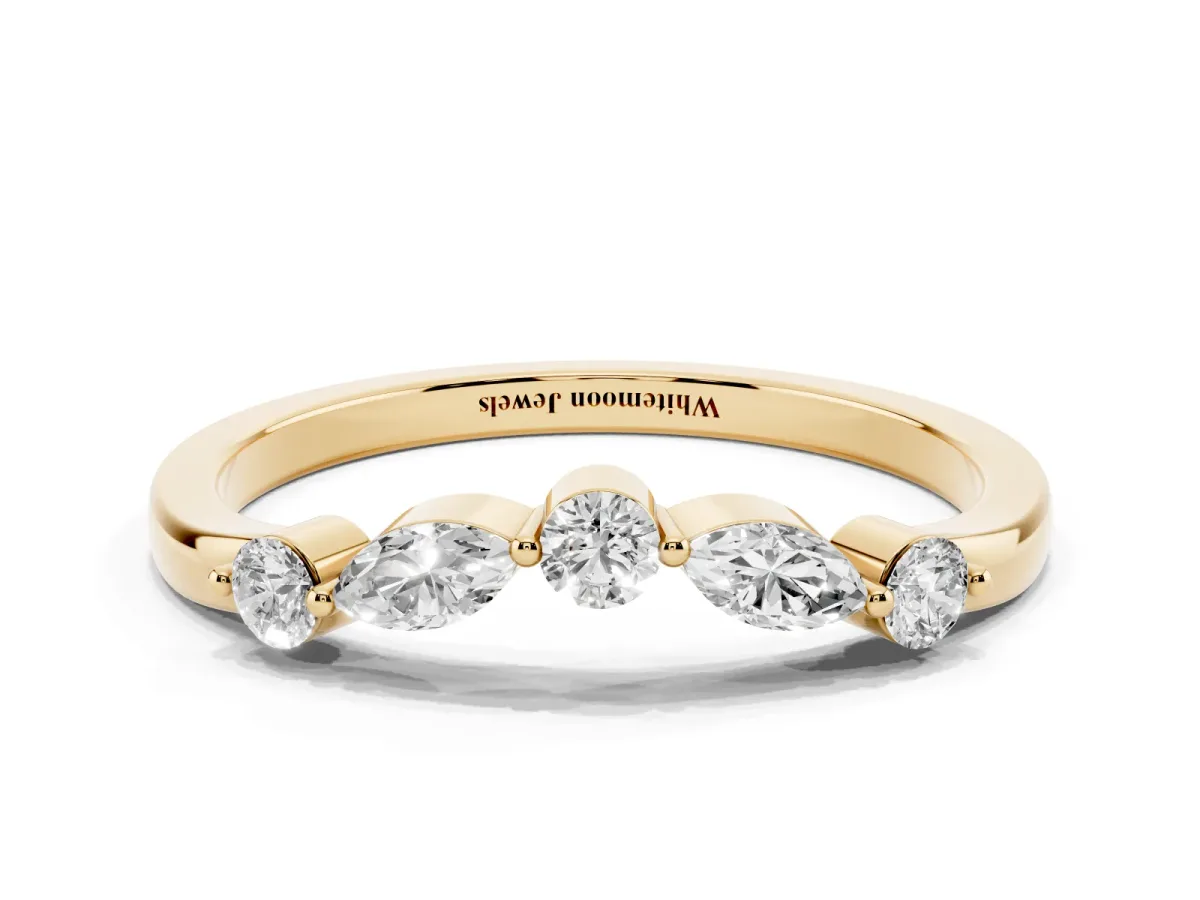 Round and Marquise Diamond Half Eternity Band with Prong Setting Yellow gold