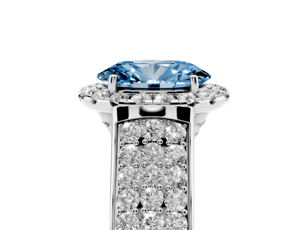 Fancy Blue Oval Cut Halo Round Diamond Pave Band with Prong Setting White gold