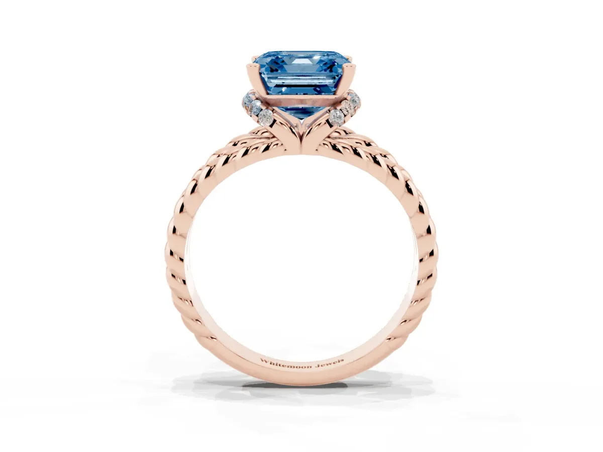 Fancy Blue Asscher Cut Halo Twisted Band Four-Prong Ring Rose gold