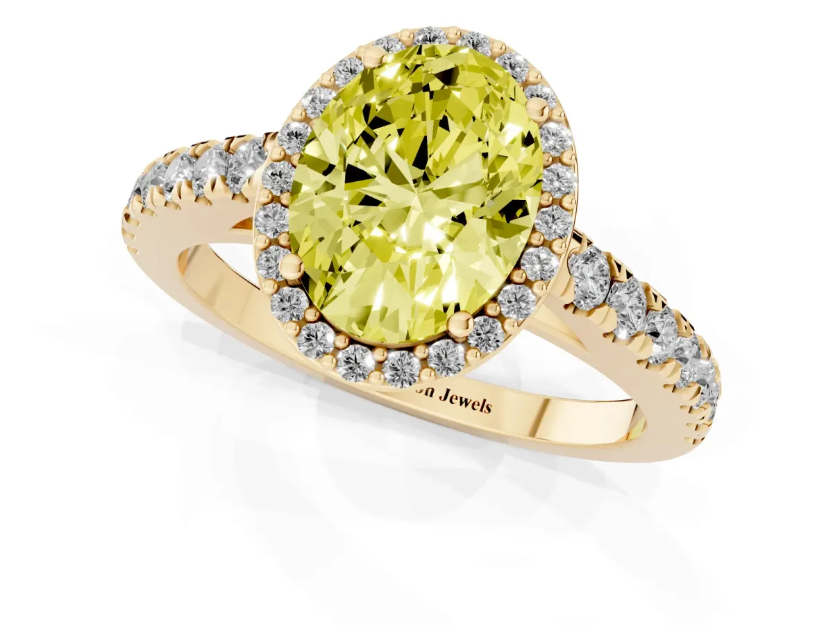 Fancy Yellow Oval Cut Cut Halo Diamond Engagement Ring with Pave Band and Four-Prong Setting Yellow gold