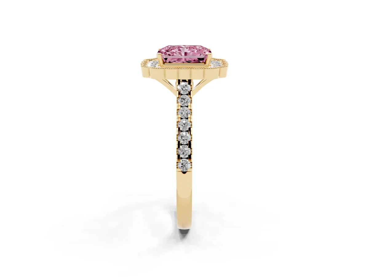 Fancy Pink Radiant Cut Cut Diamond Milgrain Floral Halo Engagement Ring with Pavé Band Yellow gold