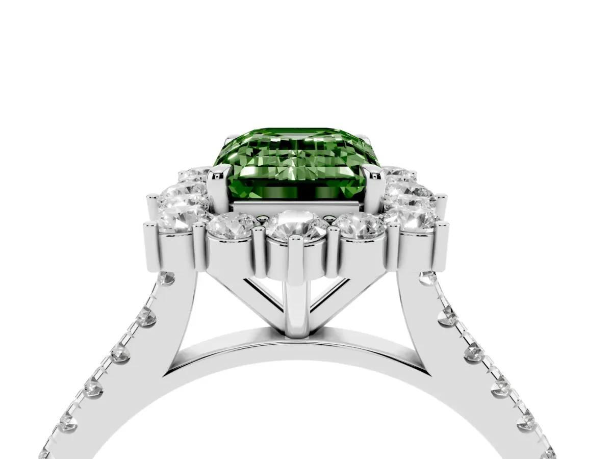 Fancy Green Emerald Cut Halo Diamond Ring with Pavé Band and Prong Setting Silver
