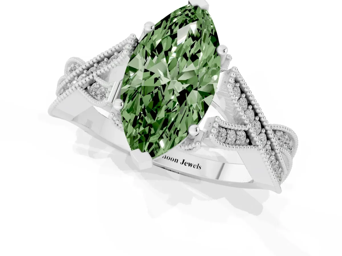 Fancy Green Marquise Cut Cut Diamond Twisted Band with Milgrain Pave Setting and Four-Prong Setting White gold
