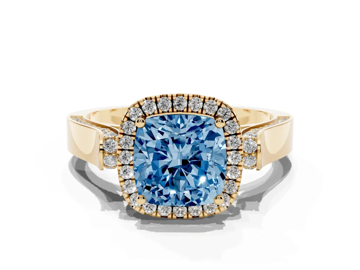 Fancy Blue Cushion Cut Halo Pave Split Shank Prong Setting Ring Yellow gold