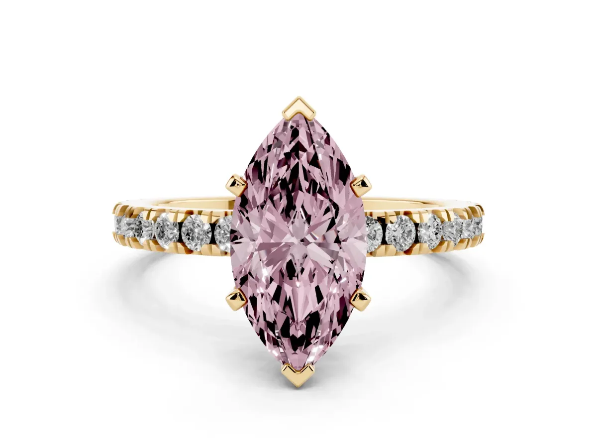 Fancy Pink Marquise Cut Diamond Pavé Band Solitaire with Four-Prong Setting Yellow gold