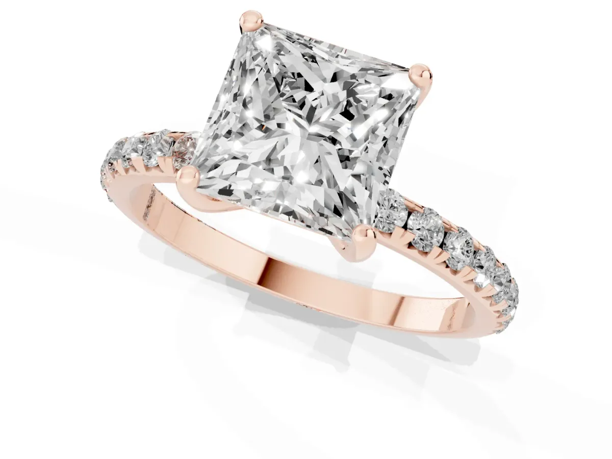 Princess Cut Cut Diamond Solitaire Ring with Micro Pave Band and Four Prong Setting Rose gold