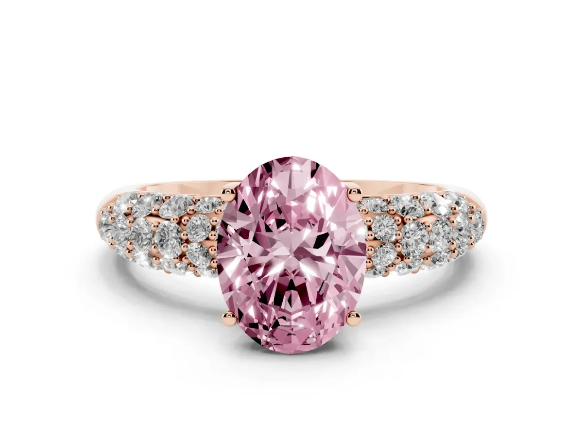 Fancy Pink Oval Cut Diamond Pavé Band Solitaire Ring with Four-Prong Setting Rose gold
