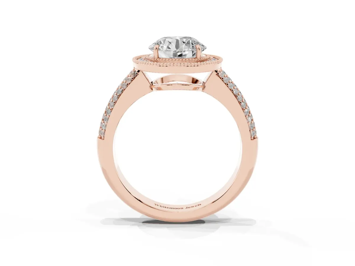 Round Cut Cut Halo Diamond Pave Band with Four-Prong Setting Rose gold