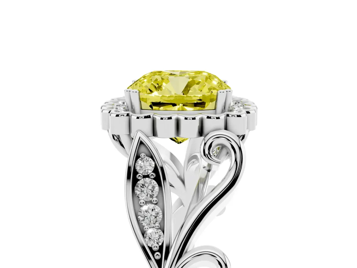 Fancy Yellow Cushion Cut Diamond Halo Ring with Vintage Split Shank and Four-Prong Setting Platinum
