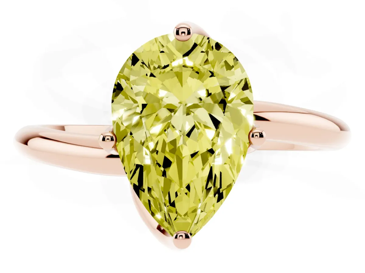 Fancy Yellow Pear Cut Diamond Solitaire Engagement Ring with Four-Prong Setting and Classic Band Rose gold