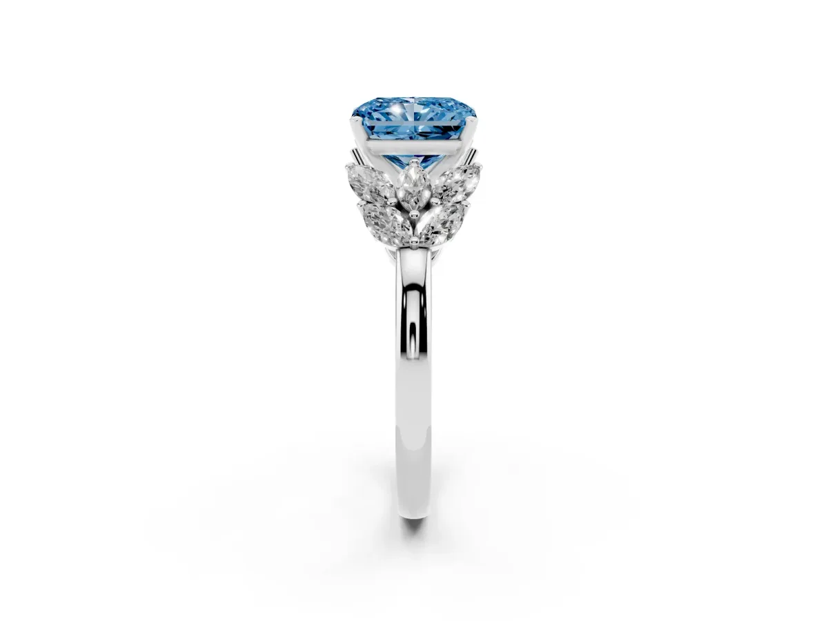 Fancy Blue Radiant Cut Diamond Cluster Leaf Design Ring with Prong Setting Silver