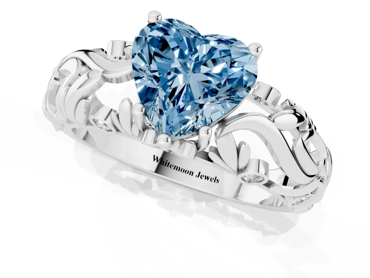 Fancy Blue Heart Cut Solitaire Diamond Leaf-Inspired Vine Band Ring with Prong Setting White gold