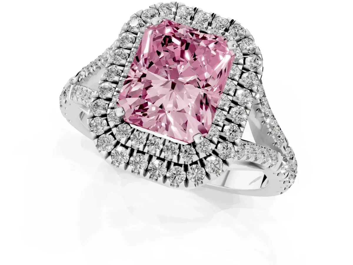 Fancy Pink Radiant Cut Cut Double Halo Split Shank Diamond Ring with Prong Setting White gold
