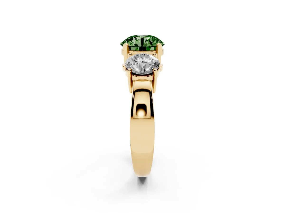 Fancy Green Three-Stone Round Cut Diamond Ring with Round Side Stones, Classic Band, and Four-Prong Setting Yellow gold