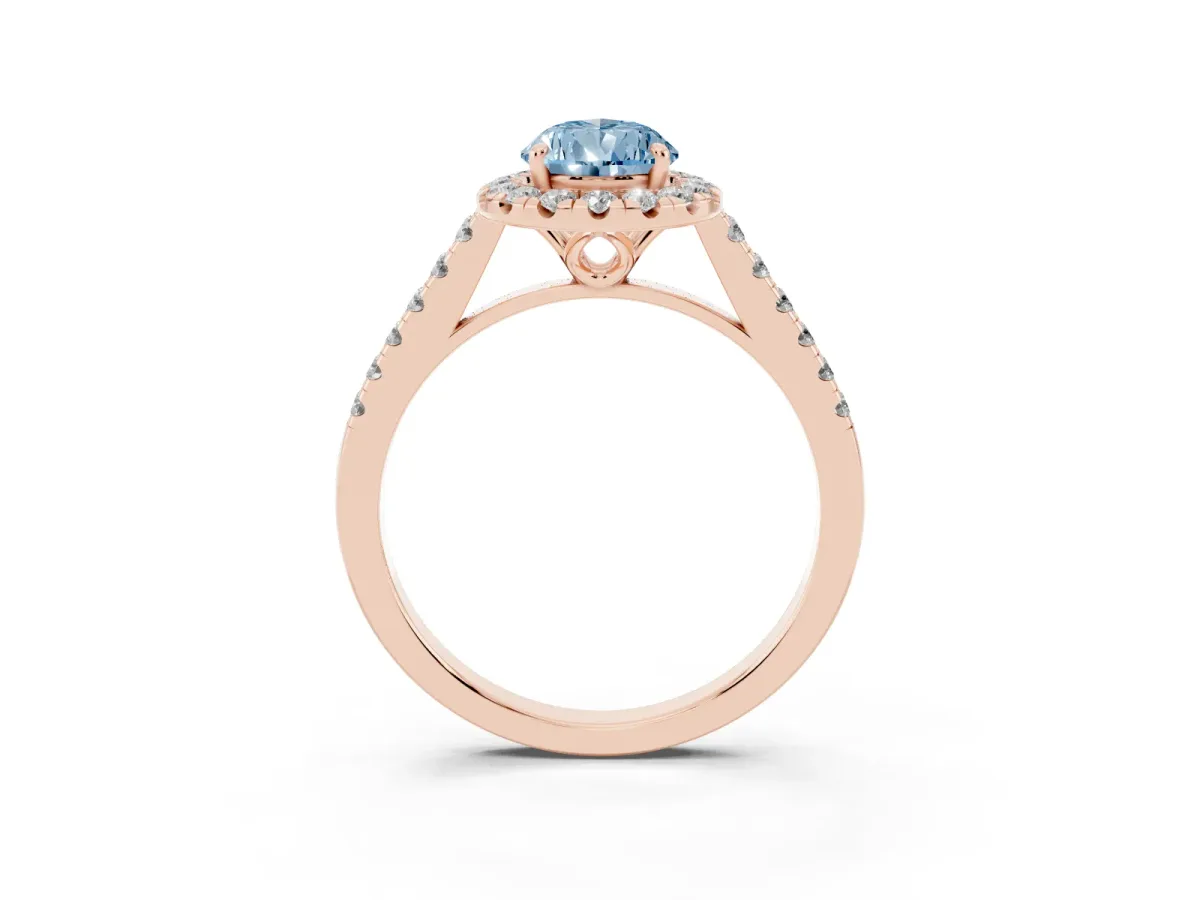 Fancy Blue Pear Cut Halo Pavé Diamond Engagement Ring with Four-Prong Setting Rose gold