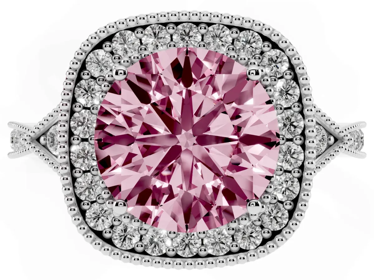 Fancy Pink Round Cut Halo Round Diamond Milgrain Pave Engagement Ring White gold