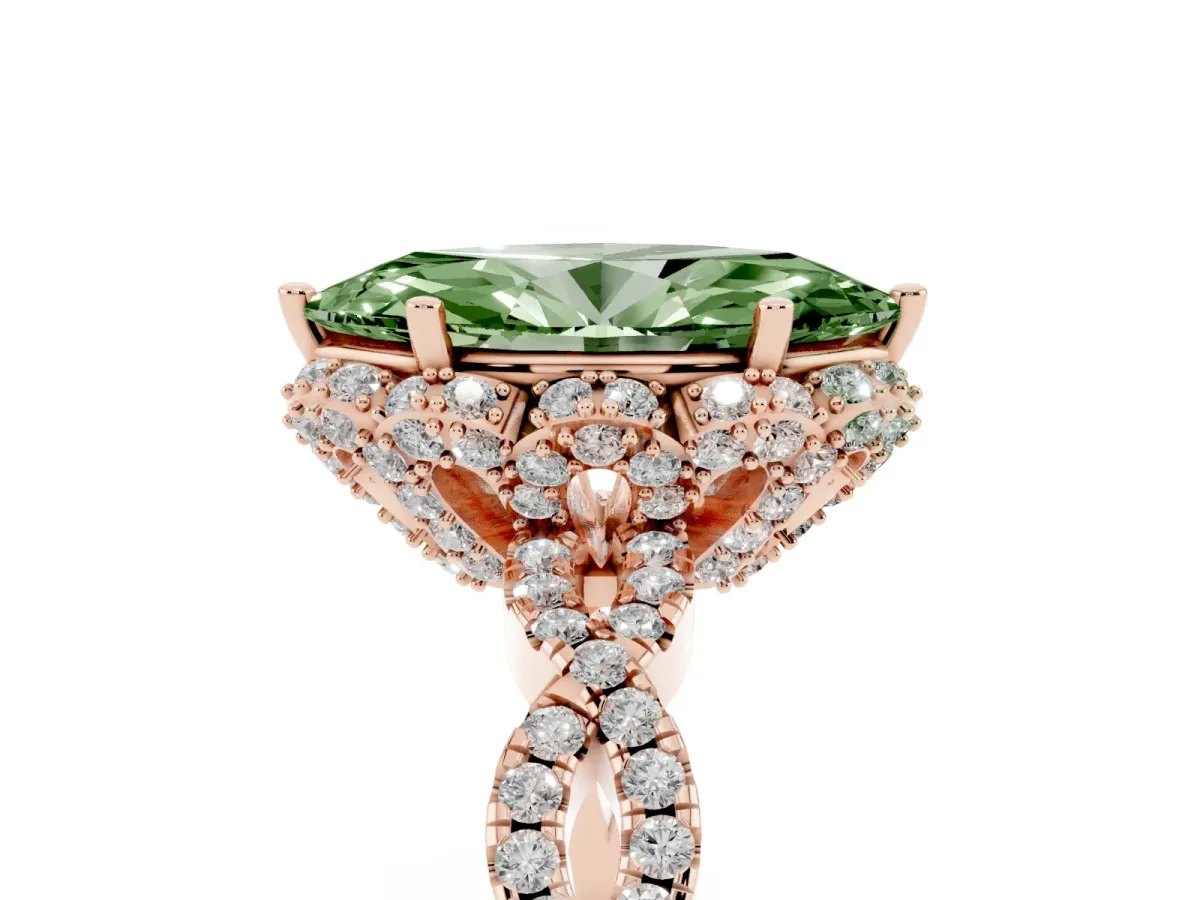 Fancy Green Marquise Cut Halo Twist Band Solitaire Ring with Six-Prong Setting Rose gold