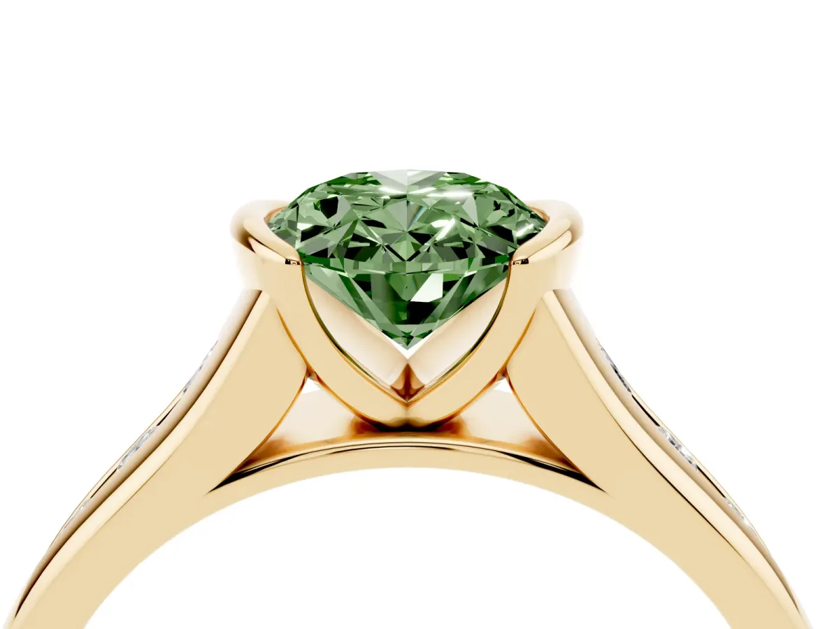 Fancy Green Oval Cut Solitaire Bezel-Set Diamond Ring with Channel-Set Band Yellow gold