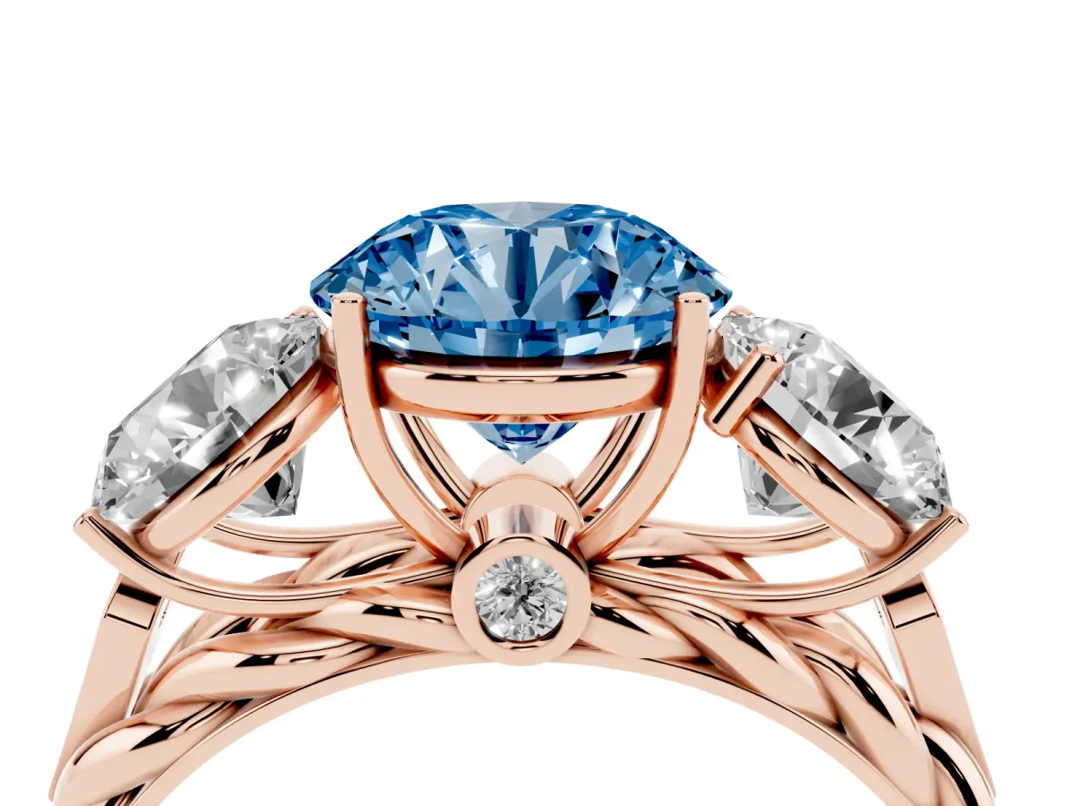 Fancy Blue Three-Stone Round Cut Diamond Braided Band Ring with Four-Prong Setting Rose gold