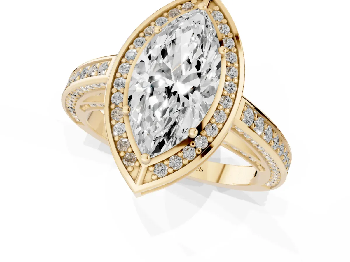 Marquise Cut Cut Halo Pave Split Shank Prong Setting Ring Yellow gold