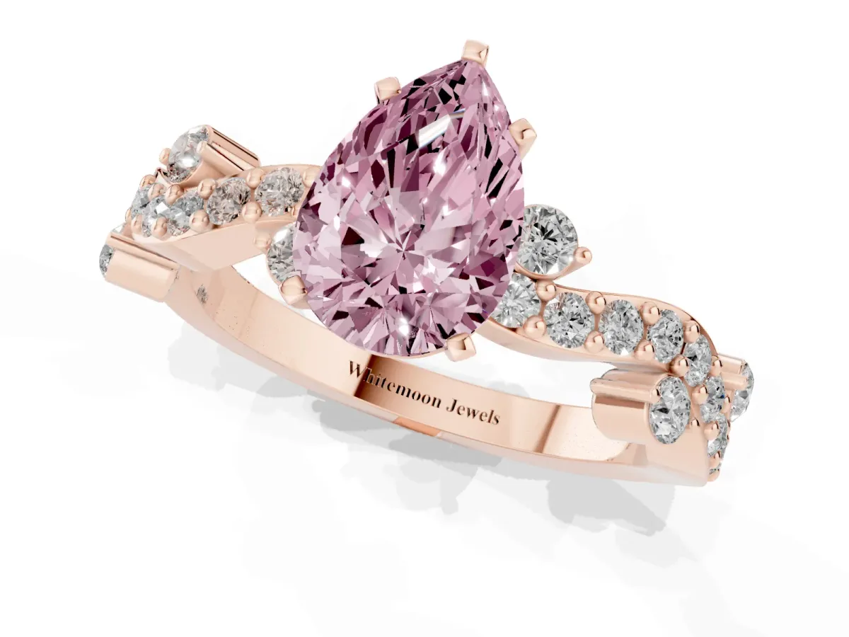 Fancy Pink Pear Cut Cut Solitaire Diamond Twisted Band with Pave Setting Rose gold