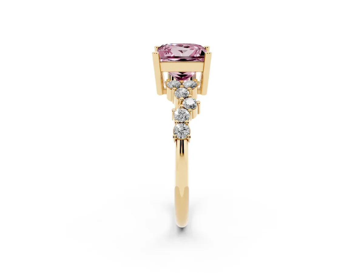 Fancy Pink Princess Cut Diamond Scattered Round Accent Ring with Prong Setting Yellow gold
