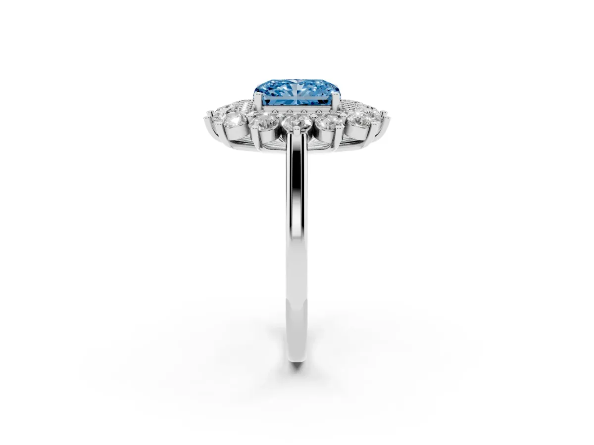 Fancy Blue Radiant Cut Diamond Floral Double Halo Engagement Ring with Prong Setting Platinum