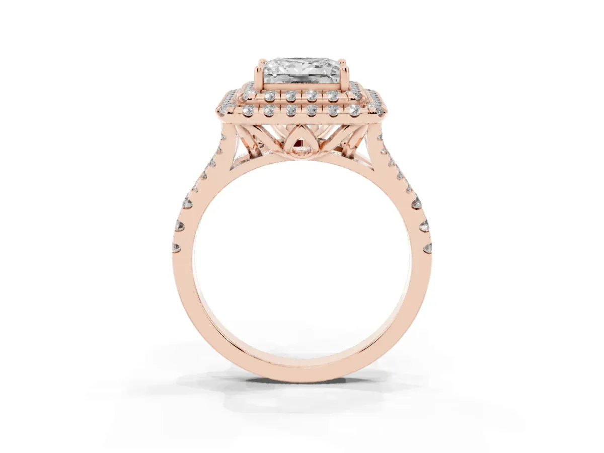 Double Halo Princess Cut Diamond Pavé Split Shank Ring with Prong Setting Rose gold