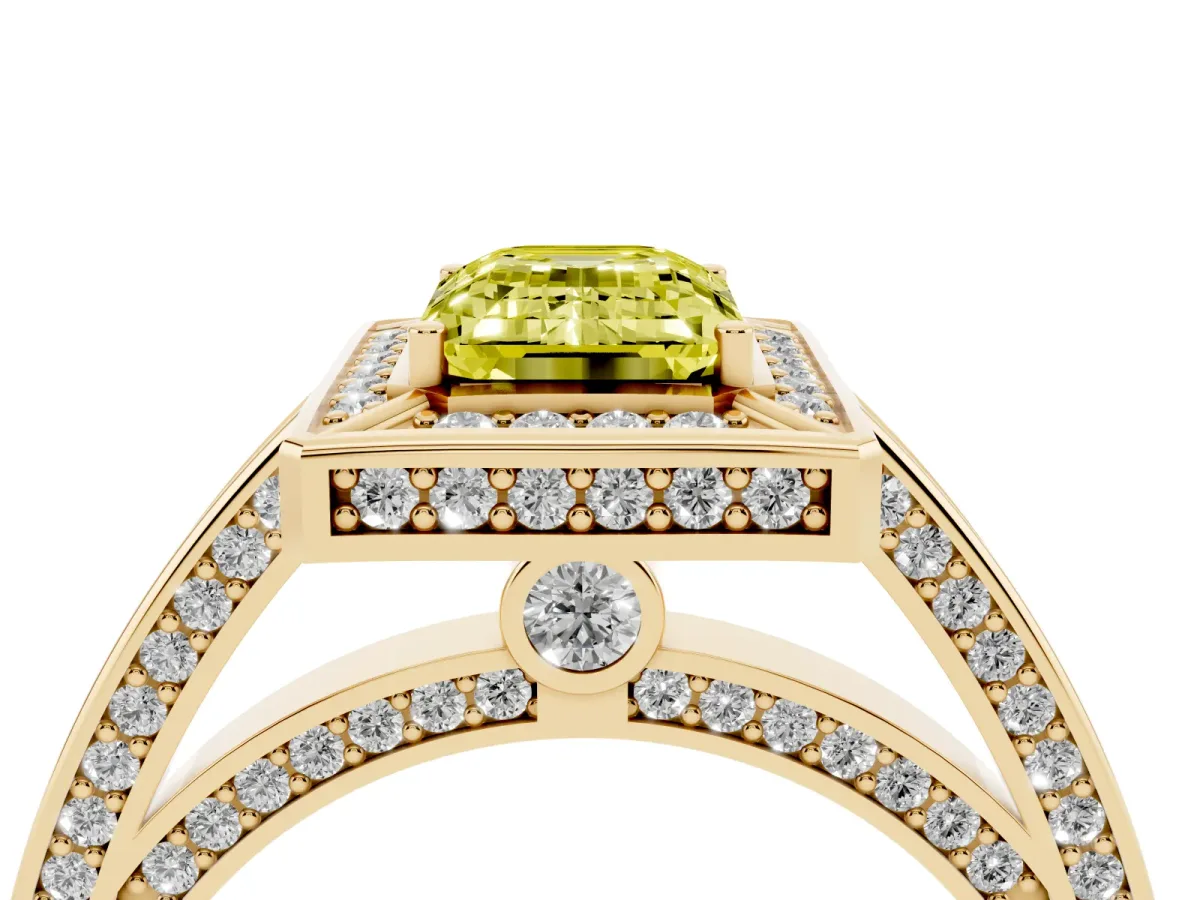 Fancy Yellow Emerald Cut Cut Halo Pave Split Shank Prong Setting Ring Yellow gold