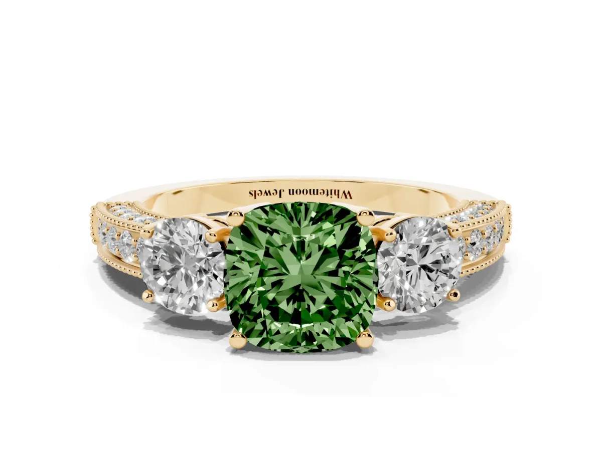 Fancy Green Cushion Cut Three-Stone Diamond Ring with Pavé Band and Four-Prong Setting Yellow gold