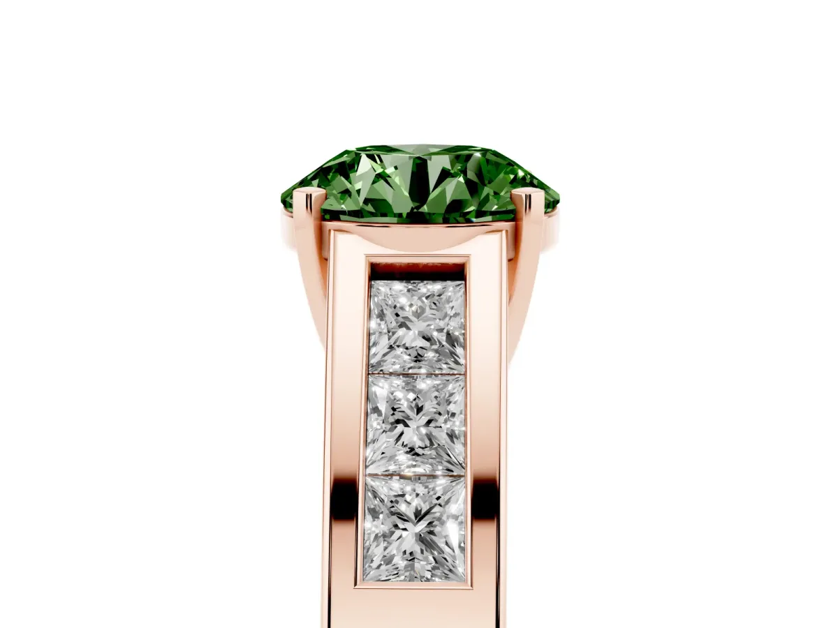 Fancy Green Round Cut Cut Channel Set Solitaire Ring with Four-Prong Setting Rose gold