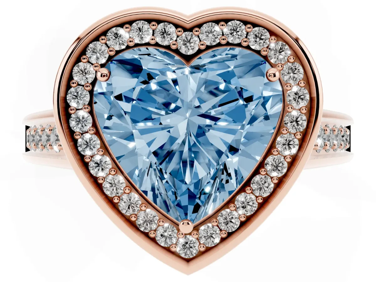 Fancy Blue Heart Cut Halo Solitaire Diamond Ring with Pave Band and Bezel Setting Rose gold