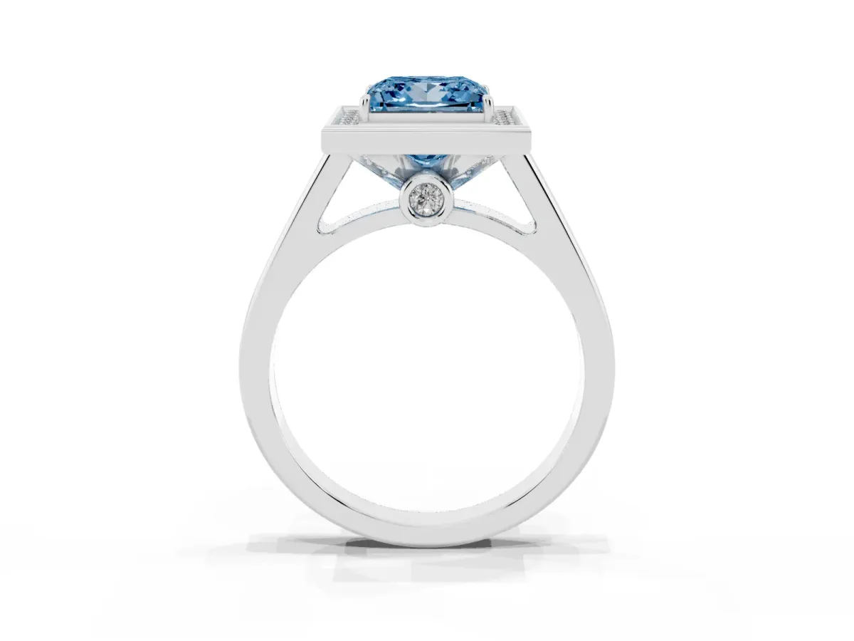 Fancy Blue Princess Cut Halo Solitaire Diamond Ring with Pave Band and Bezel Setting White gold