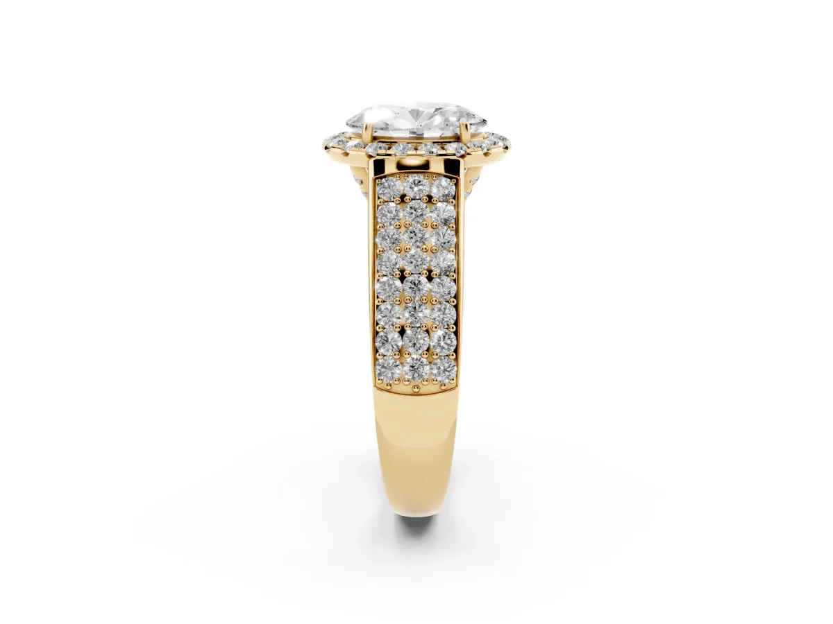 Oval Cut Halo Round Diamond Pave Band with Prong Setting Yellow gold